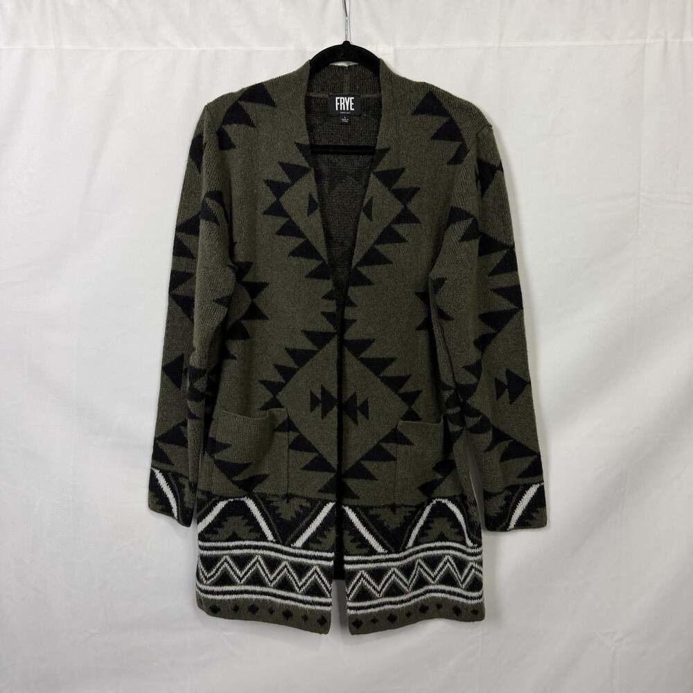 Frye Open Front Long Cardigan Sweater Womens L Green Southwestern Aztec Knit